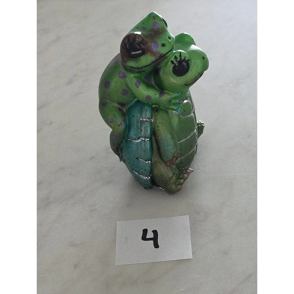 Handmade Resin Turtle Frog Figurine Piggyback Green Navy Blue Brown